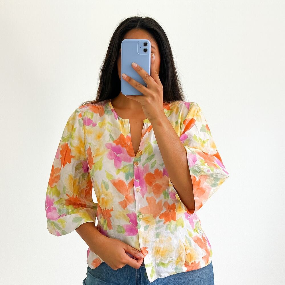 Talbots Floral Button Up Top 100% Linen Cottagecore Coastal Vintage Boho Sz 4